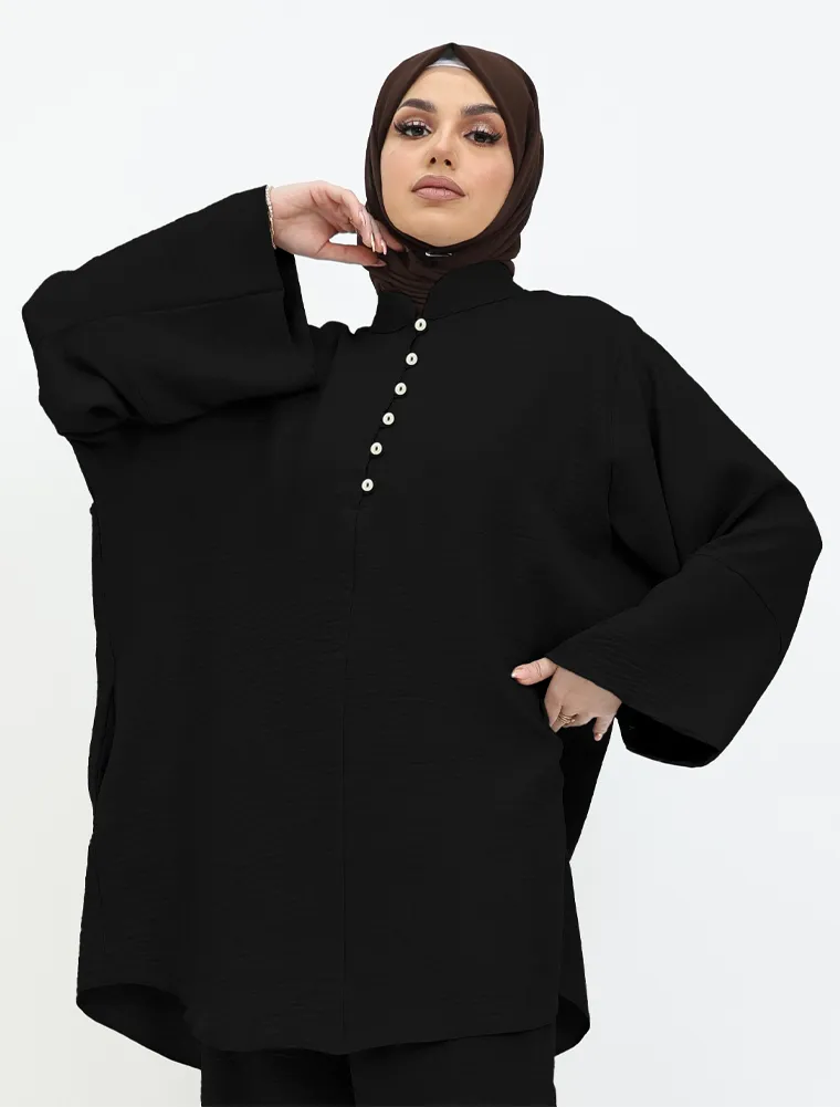 Black Linen Feel Button Detail Co Ord Set